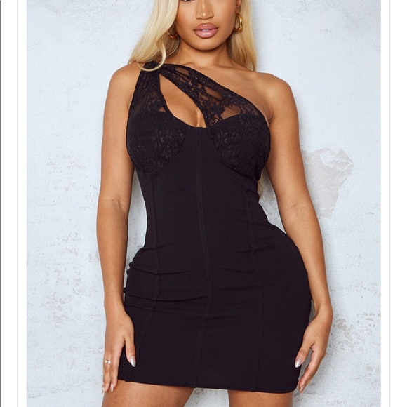 Shape Black Lace Insert One Shoulder Bodycon Dress - Picture 1 of 2